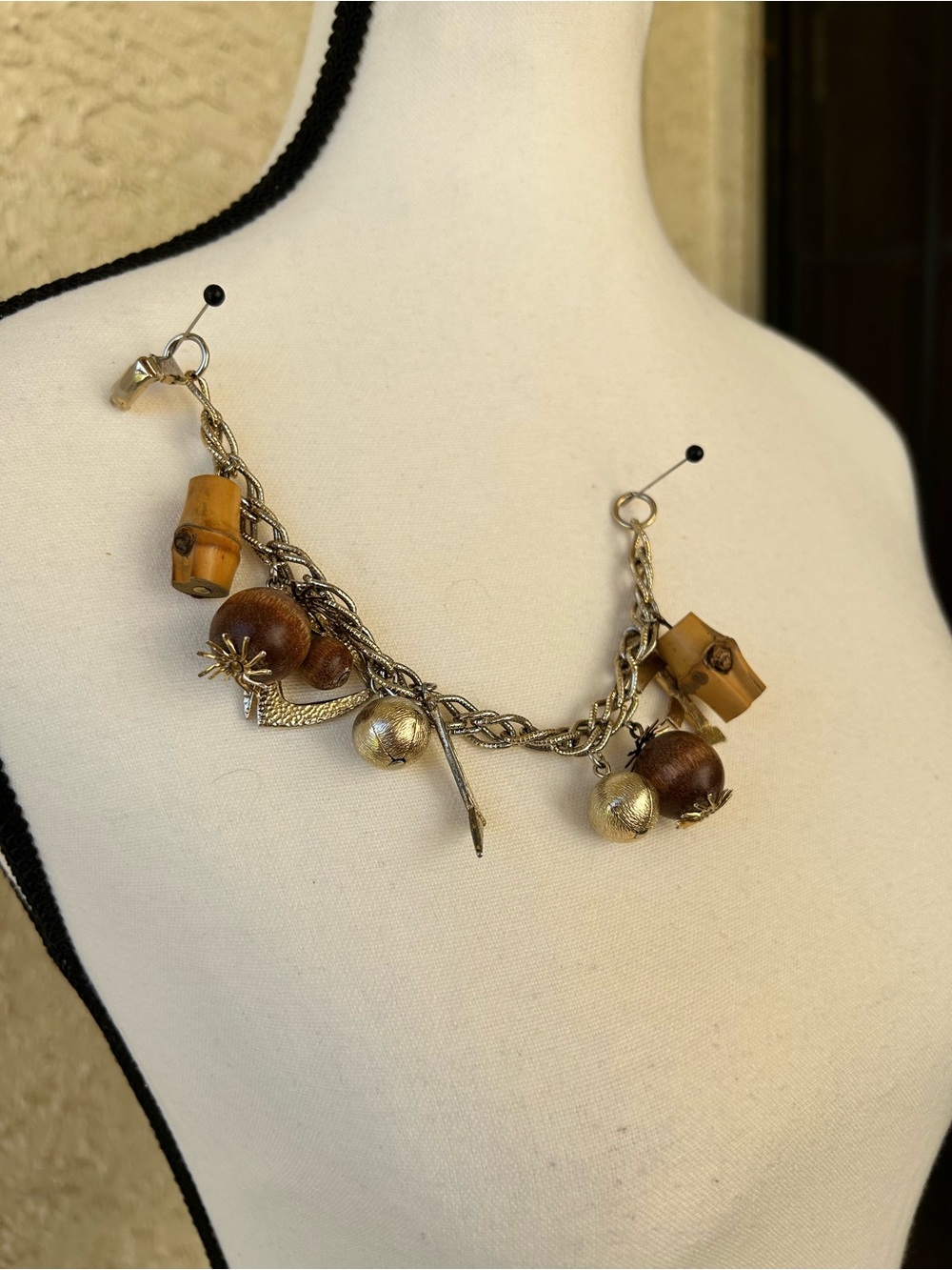 Vintage Mcm Wood and Gold charm bracelet